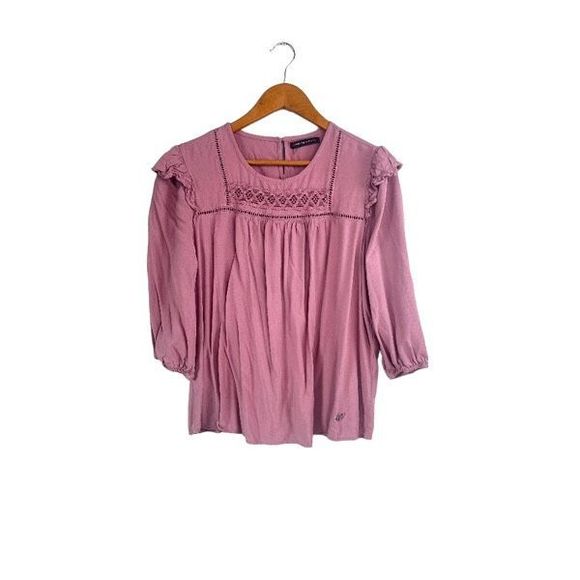 Adrienne Vittadini Blouse Round Neck Boxy Fit Ruffeled Long Sleeve Mauve Pink L - Picture 9 of 9
